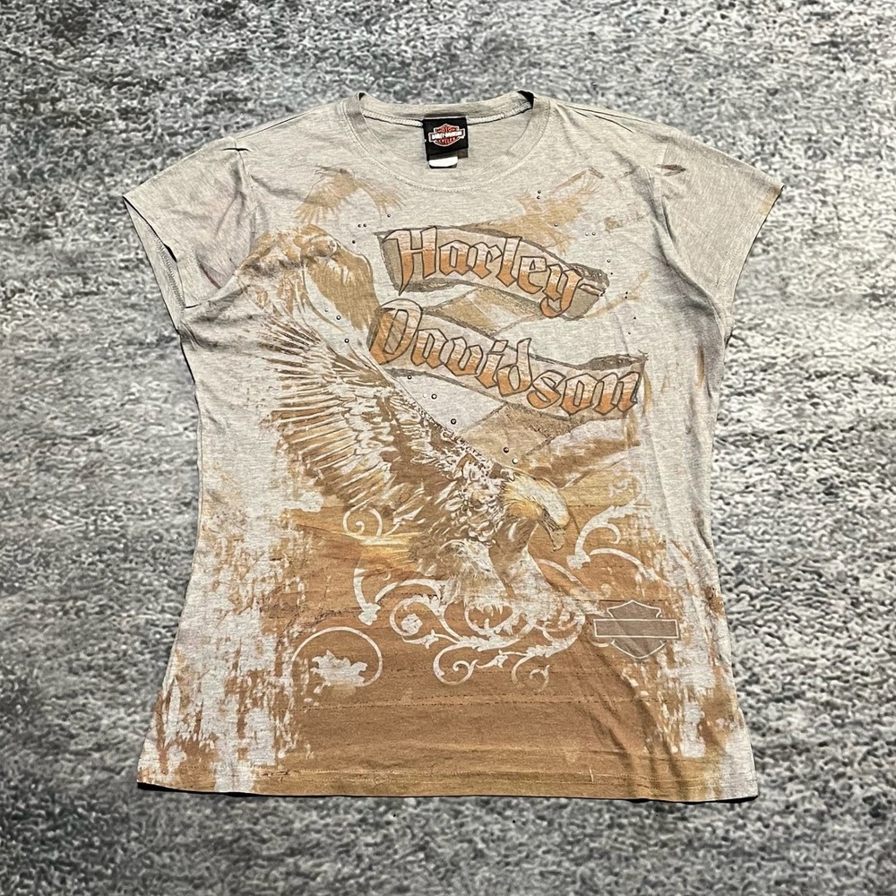 Harley Davidson Short‎ Sleeve Top Womens XL Eagle Cute Biker Y2K Shirt